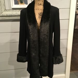 Black Faux Fur Trim Knee Length Coat